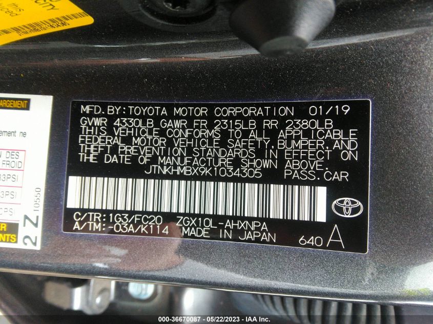 2019 TOYOTA C-HR XLE/LE/LIMITED - JTNKHMBX9K1034305