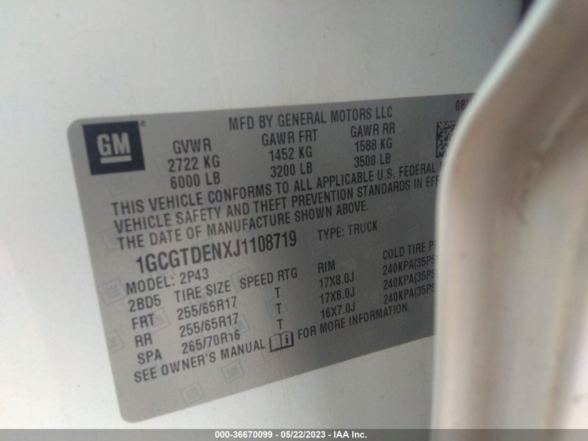 2018 CHEVROLET COLORADO 4WD Z71 - 1GCGTDENXJ1108719