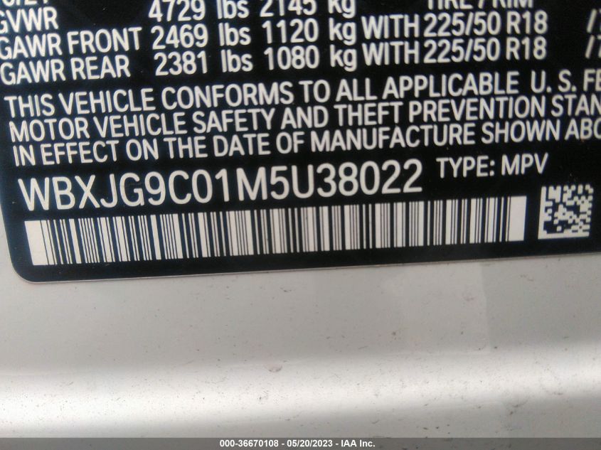 2021 BMW X1 XDRIVE28I - WBXJG9C01M5U38022
