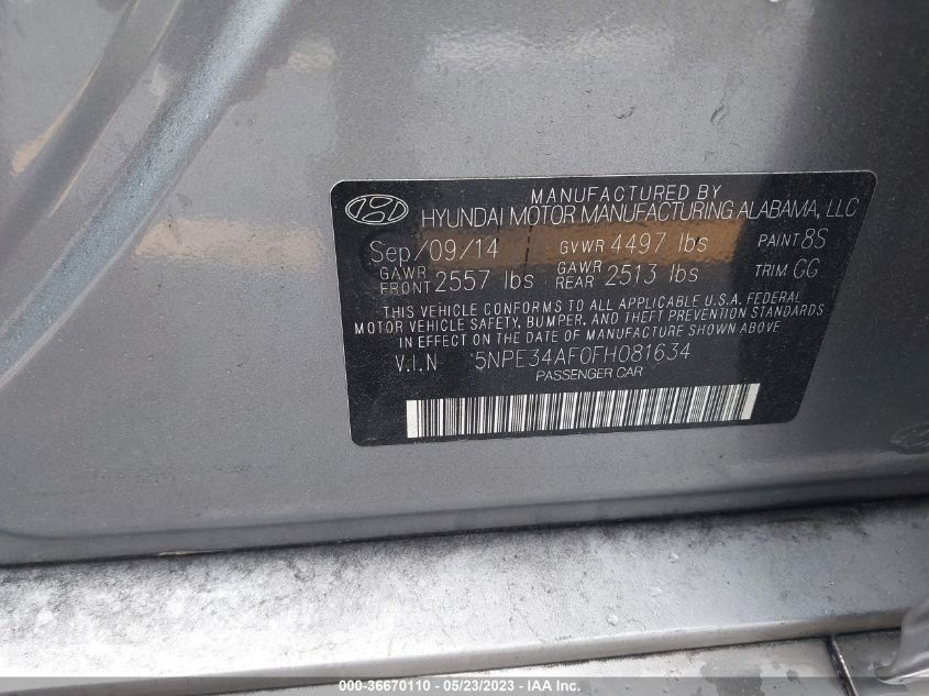 2015 HYUNDAI SONATA 2.4L SPORT - 5NPE34AF0FH081634