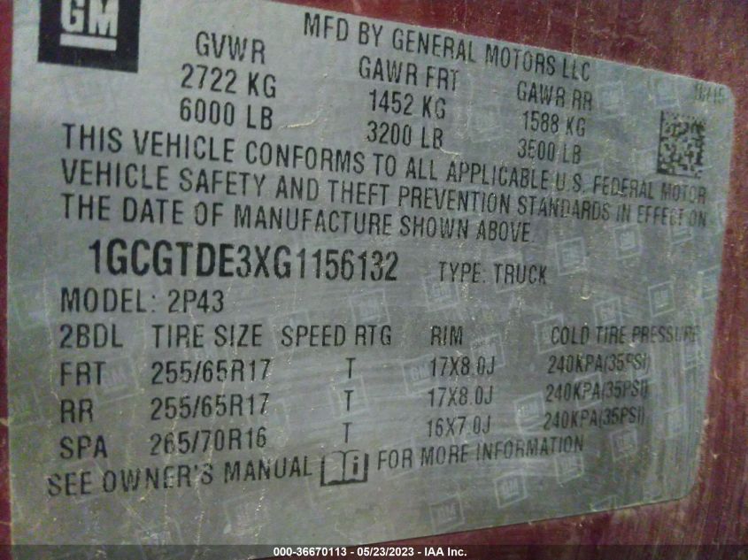 2016 CHEVROLET COLORADO 4WD Z71 - 1GCGTDE3XG1156132