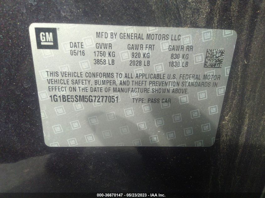 2016 CHEVROLET CRUZE LT - 1G1BE5SM5G7277051