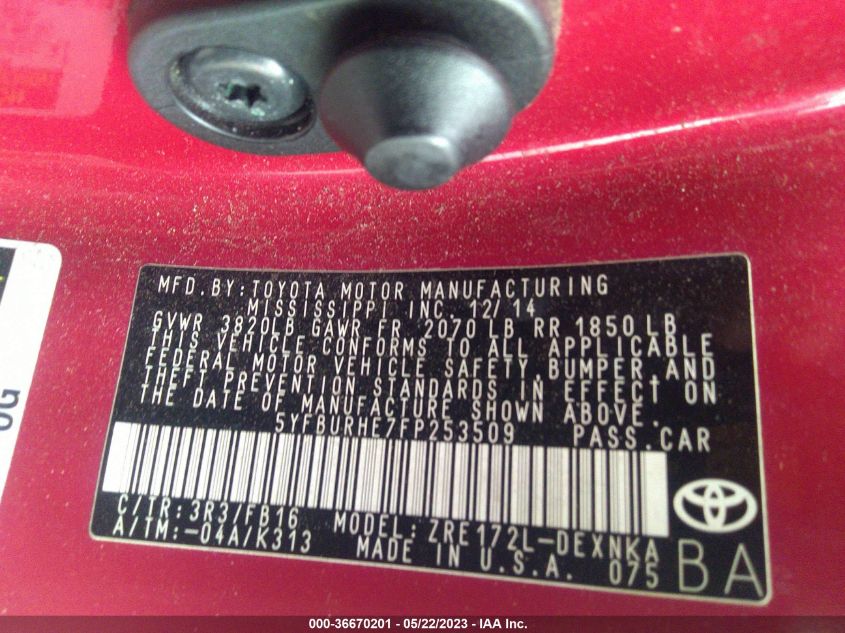 2015 TOYOTA COROLLA L/LE/S/S PLUS/LE PLUS - 5YFBURHE7FP253509