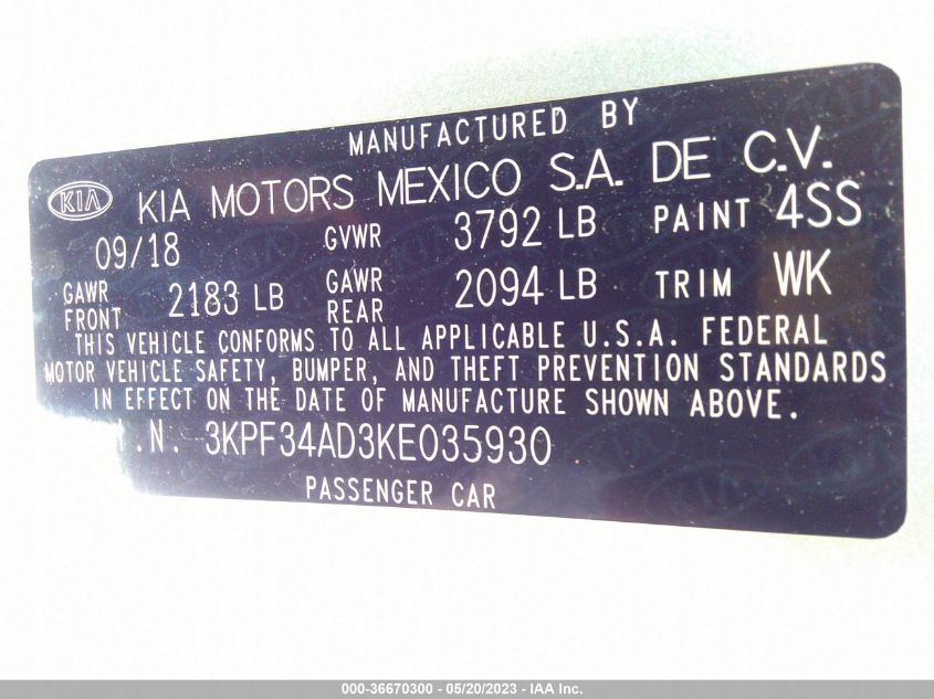 2019 KIA FORTE S - 3KPF34AD3KE035930