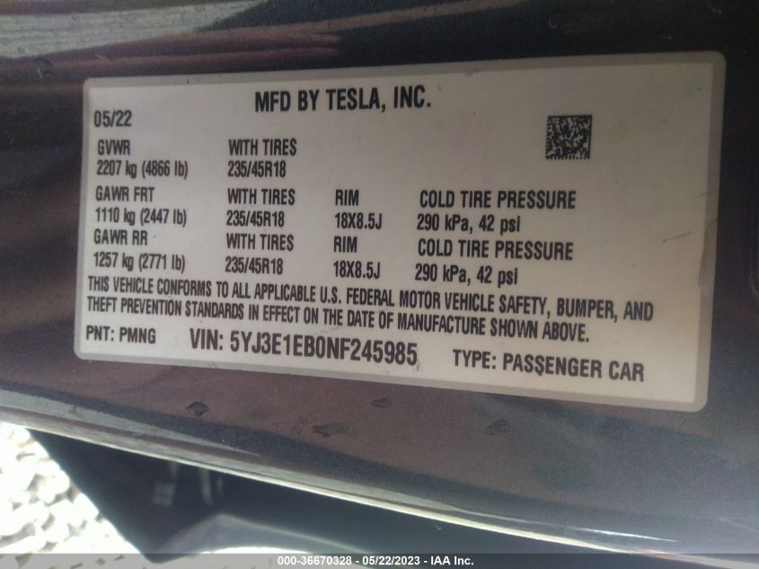 2022 TESLA MODEL 3 LONG RANGE - 5YJ3E1EB0NF245985