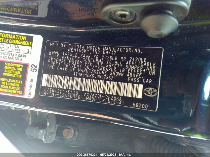 2018 TOYOTA CAMRY LE/SE/XLE/L - 4T1B11HK6JU517357
