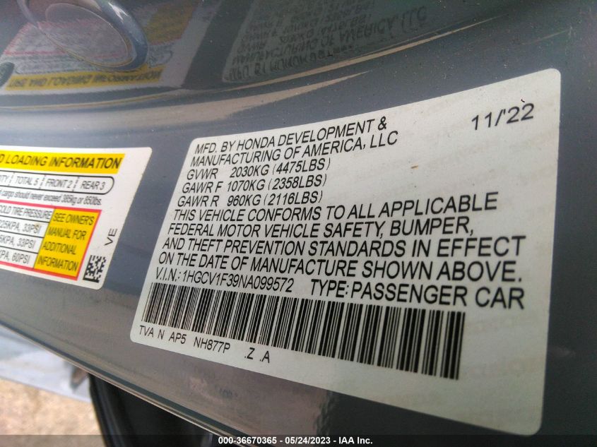 2022 HONDA ACCORD SEDAN SPORT - 1HGCV1F39NA099572
