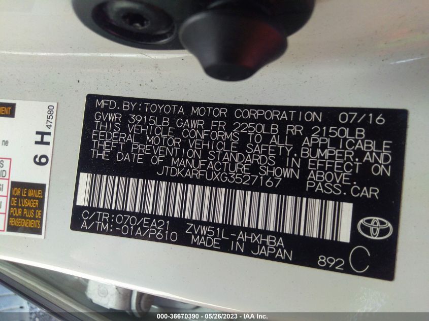 2016 TOYOTA PRIUS FOUR - JTDKARFUXG3527167