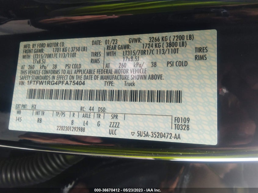 VIN 1FTFW1RG4PFA75404 2023 FORD F-150 RAPTOR