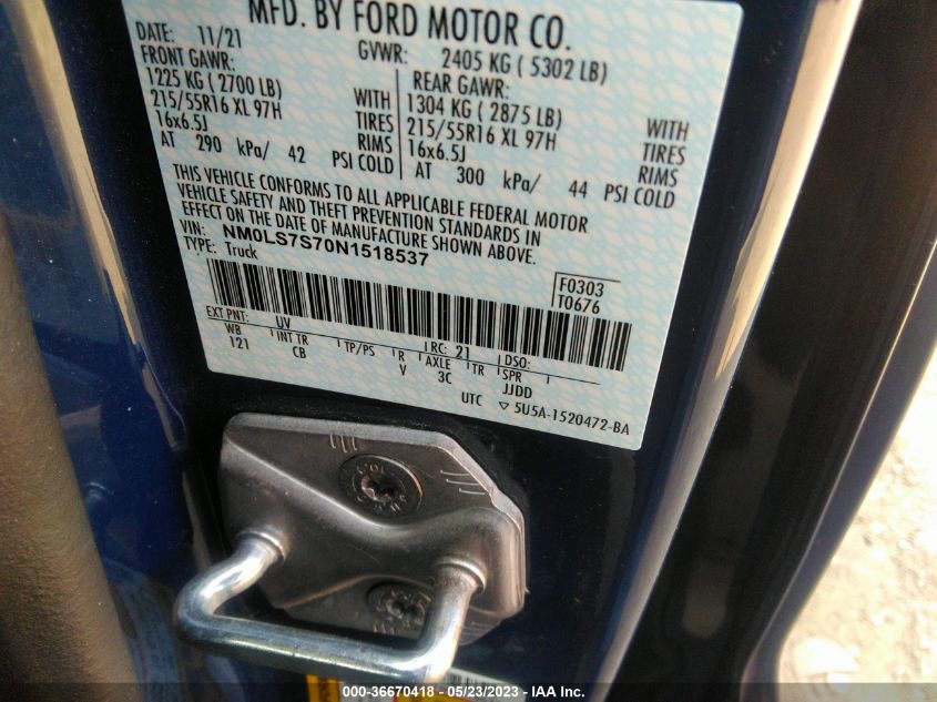 2022 FORD TRANSIT CONNECT VAN XL - NM0LS7S70N1518537