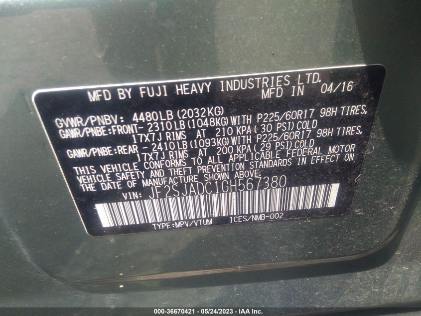 2016 SUBARU FORESTER 2.5I PREMIUM - JF2SJADC1GH567380