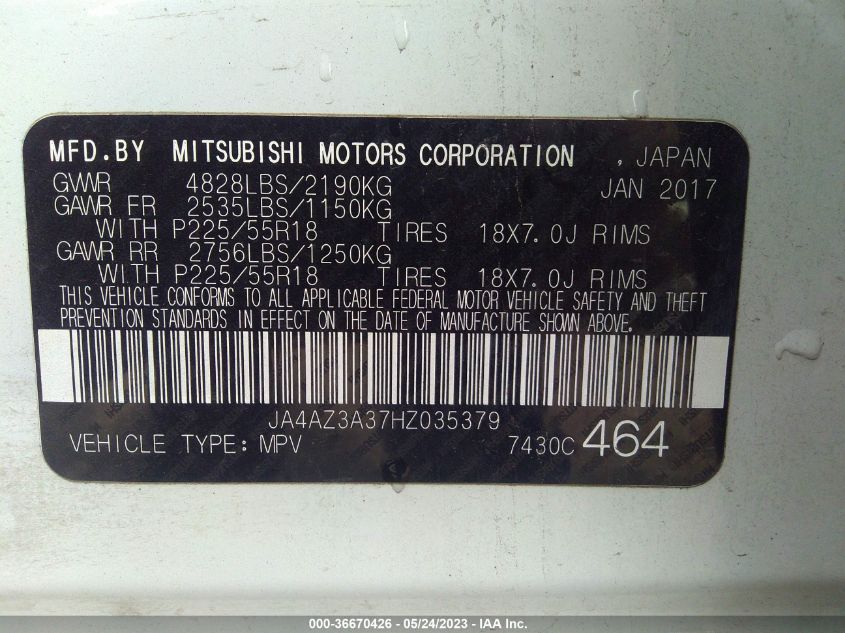 2017 MITSUBISHI OUTLANDER SE - JA4AZ3A37HZ035379