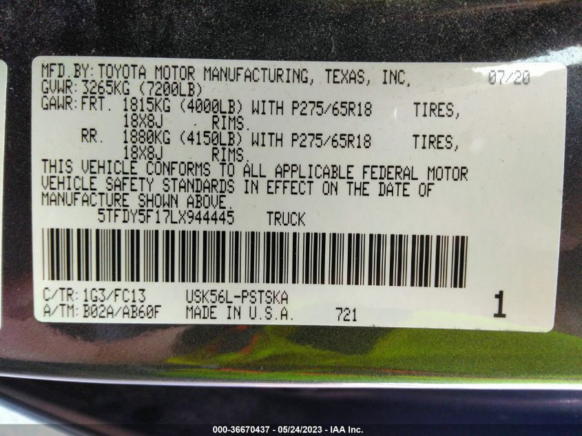 2020 TOYOTA TUNDRA 4WD SR5/TRD PRO - 5TFDY5F17LX944445