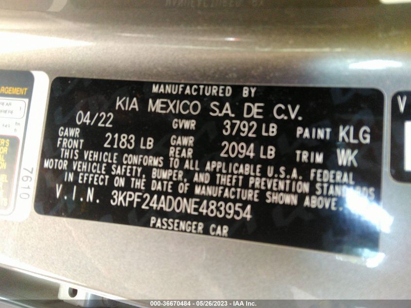 2022 KIA FORTE LXS - 3KPF24AD0NE483954