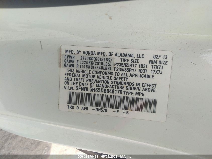 2013 HONDA ODYSSEY EX-L - 5FNRL5H65DB048170