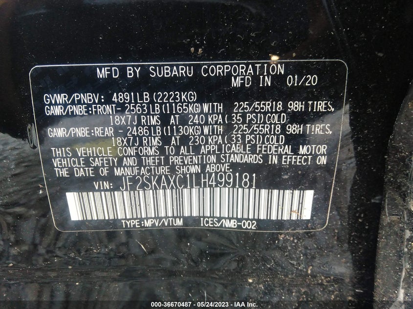 VIN JF2SKAXC1LH499181 2020 SUBARU FORESTER TOURING