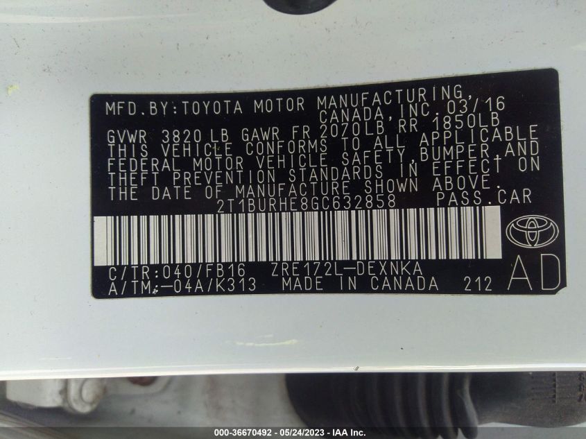 2016 TOYOTA COROLLA L/LE/S/S PLUS/LE PLUS - 2T1BURHE8GC632858