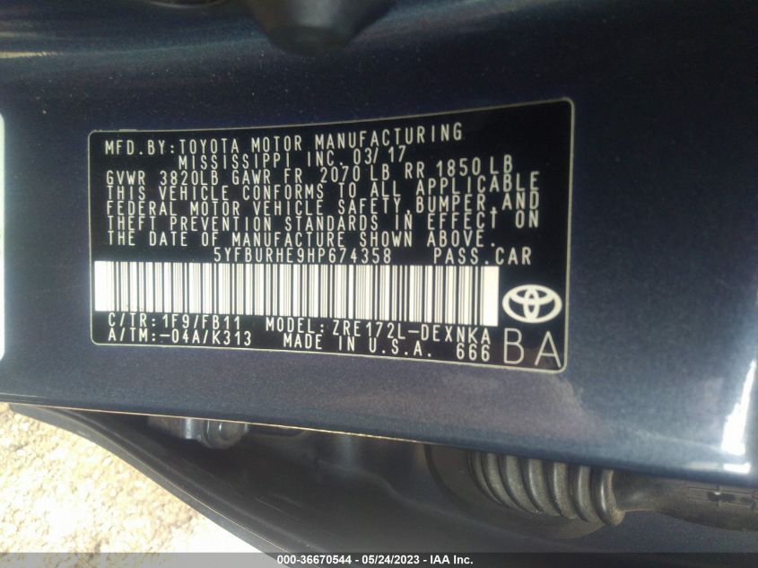 2017 TOYOTA COROLLA LE - 5YFBURHE9HP674358