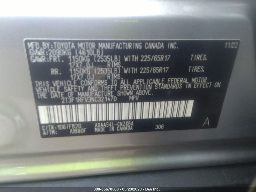 VIN 2T3F1RFV3NC321470 2022 TOYOTA RAV4 no.9