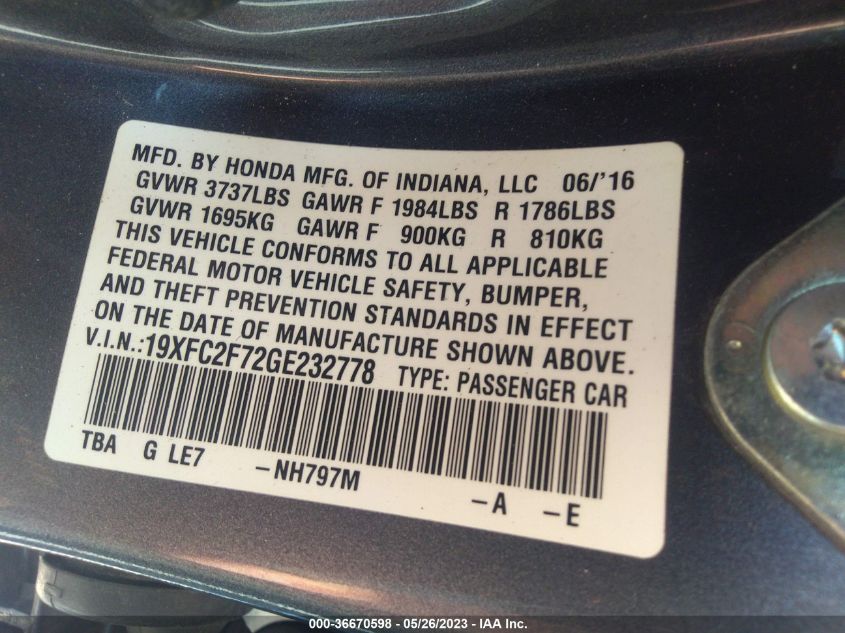 2016 HONDA CIVIC SEDAN EX - 19XFC2F72GE232778