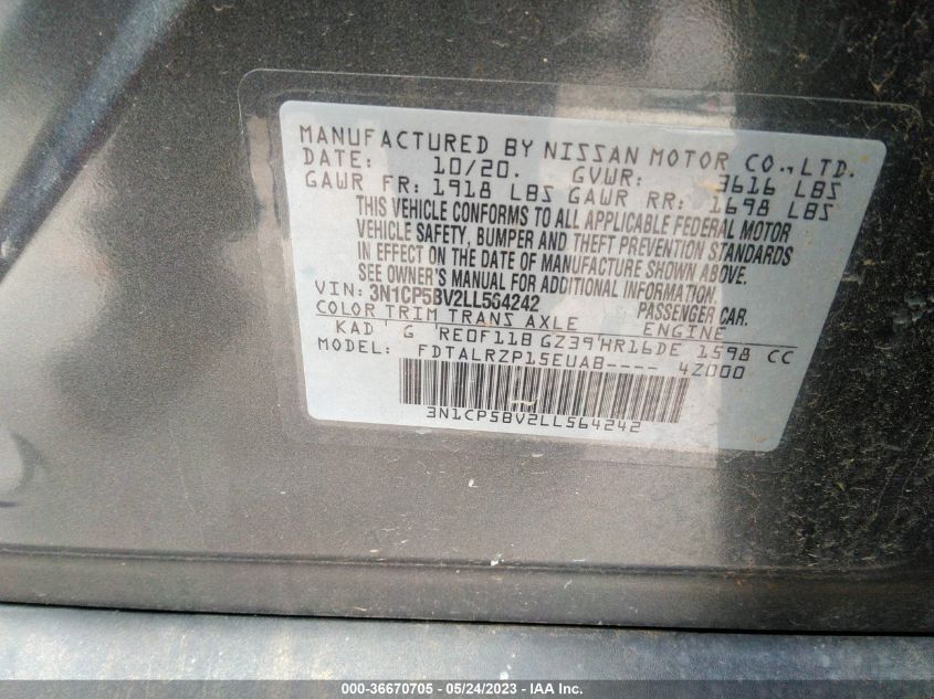 2020 NISSAN KICKS S - 3N1CP5BV2LL564242