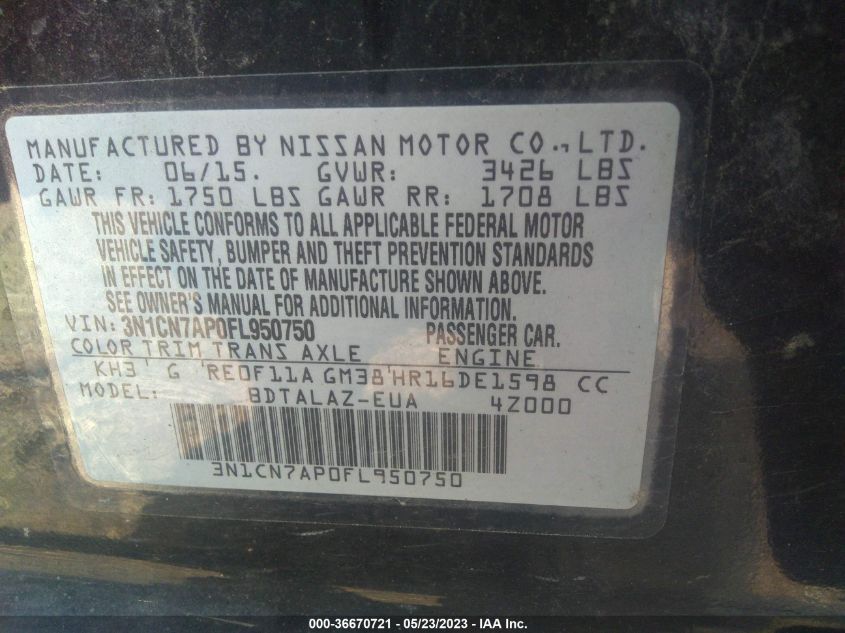 2015 NISSAN VERSA S PLUS - 3N1CN7AP0FL950750