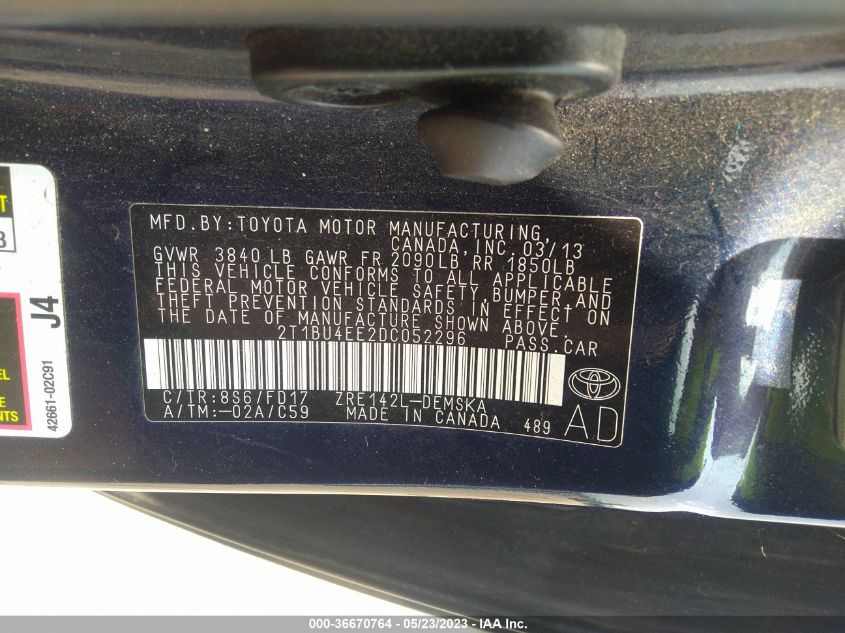 2013 TOYOTA COROLLA L/LE/S - 2T1BU4EE2DC052296