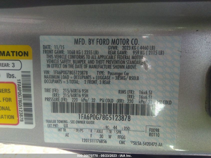 2016 FORD FUSION S - 1FA6P0G78G5123878