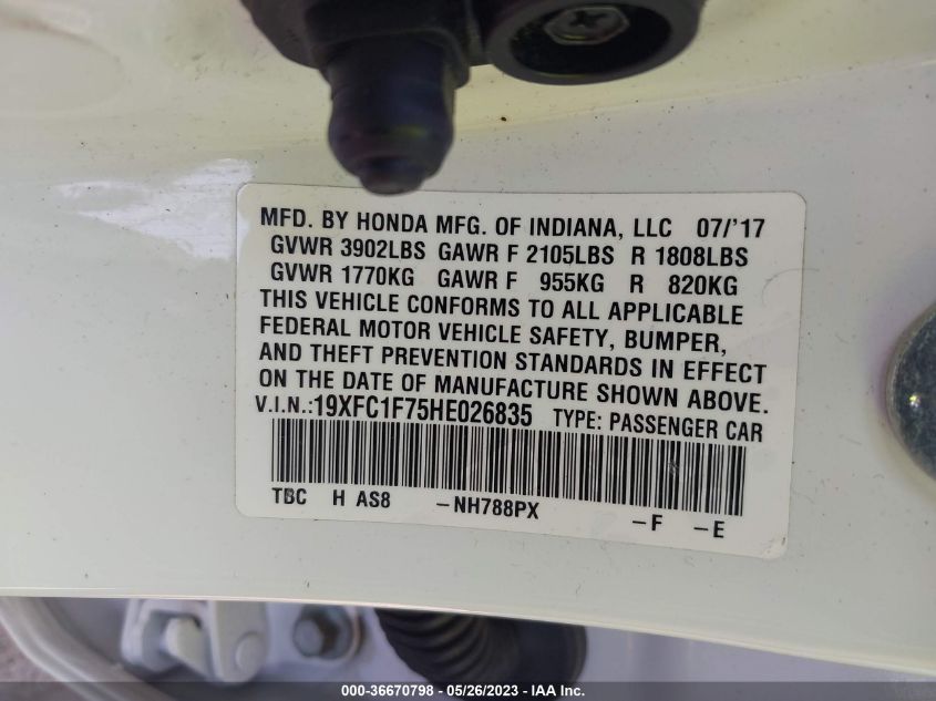 2017 HONDA CIVIC SEDAN EX-L - 19XFC1F75HE026835