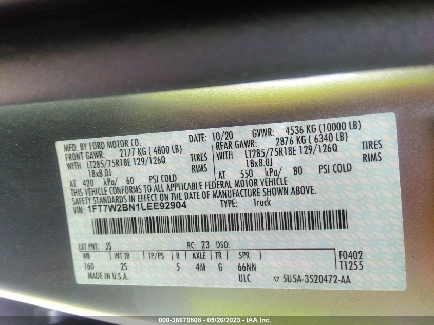 2020 FORD SUPER DUTY F-250 SRW XL/XLT/LARIAT - 1FT7W2BN1LEE92904