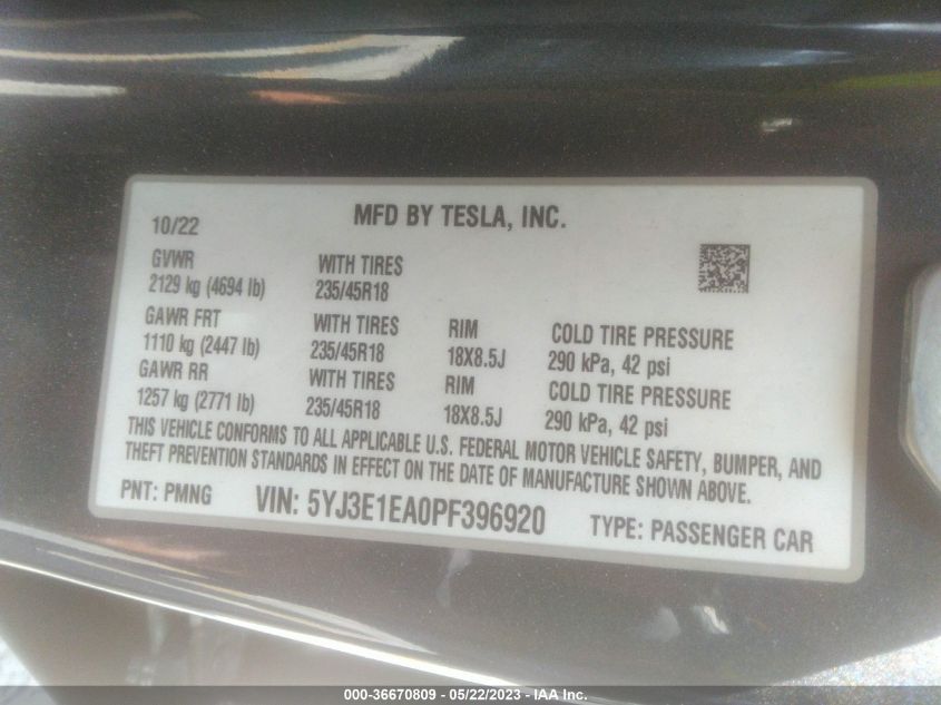 5YJ3E1EA0PF396920 Tesla Model 3  9