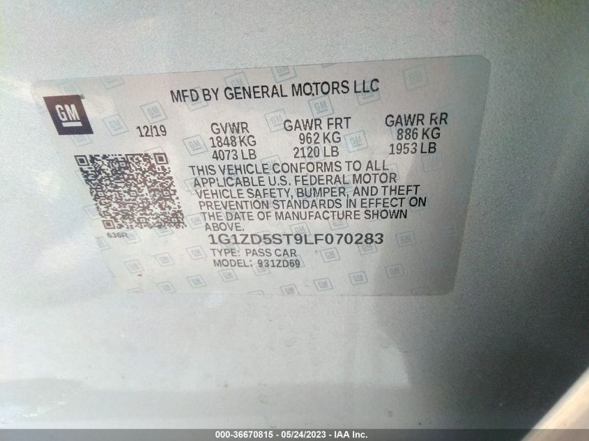 2020 CHEVROLET MALIBU LT - 1G1ZD5ST9LF070283