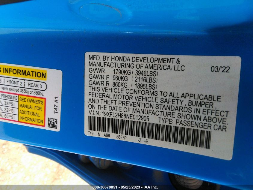 2022 HONDA CIVIC HATCHBACK SPORT - 19XFL2H88NE012905