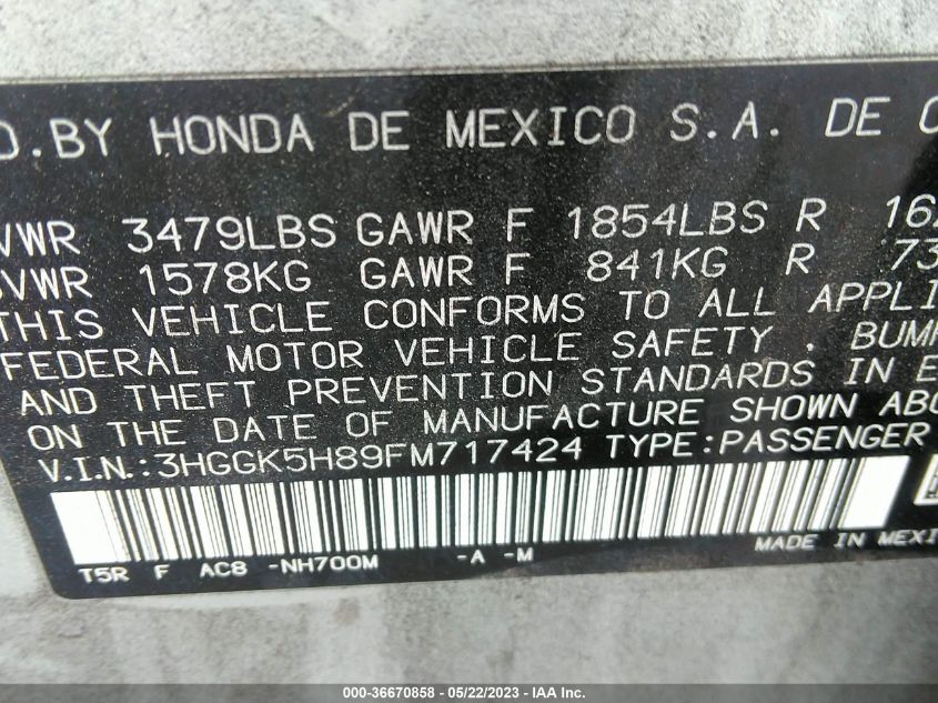 2015 HONDA FIT EX-L/EX - 3HGGK5H89FM717424
