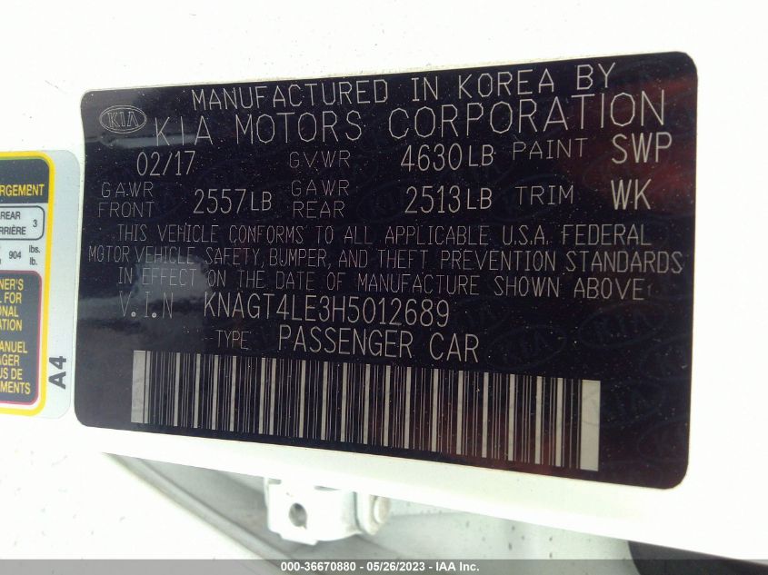 2017 KIA OPTIMA HYBRID BASE - KNAGT4LE3H5012689