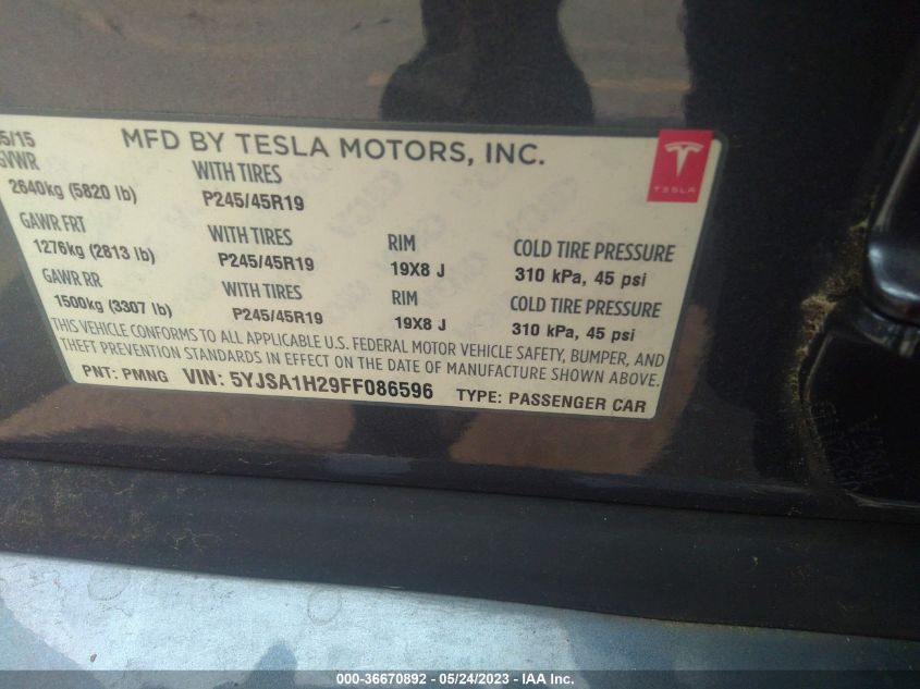 2015 TESLA MODEL S 85D/P85D/70D/90D/P90D - 5YJSA1H29FF086596