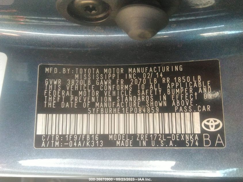 2014 TOYOTA COROLLA L/LE/S/S PLUS/LE PLUS - 5YFBURHE1EP084859