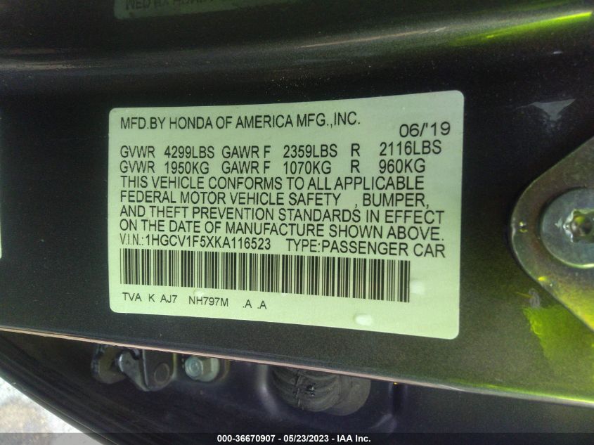 2019 HONDA ACCORD SEDAN EX-L 1.5T - 1HGCV1F5XKA116523