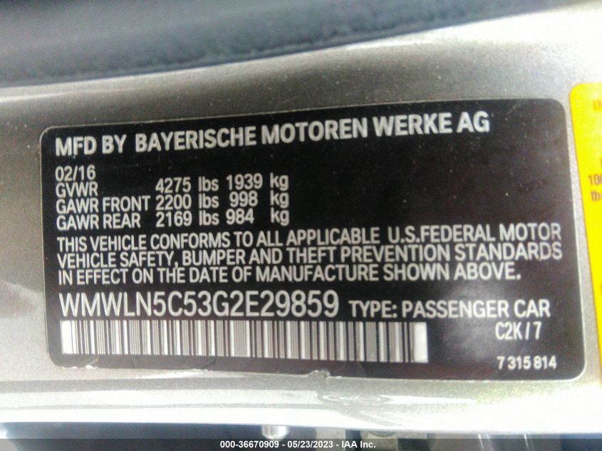 2016 MINI COOPER CLUBMAN WMWLN5C53G2E29859