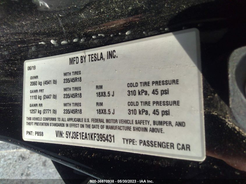 2019 TESLA MODEL 3 RANGE - 5YJ3E1EA1KF395431