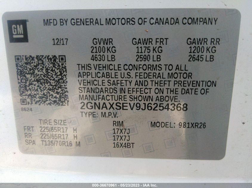 2018 CHEVROLET EQUINOX LT - 2GNAXSEV9J6254368