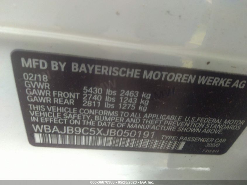 2018 BMW 5 SERIES M550I XDRIVE - WBAJB9C5XJB050191