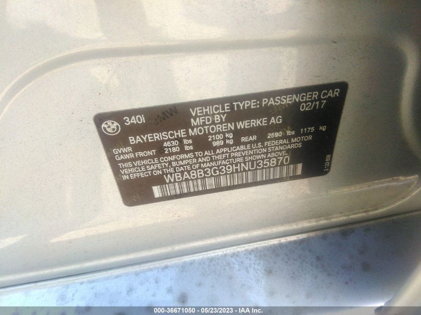 2017 BMW 3 SERIES 340I - WBA8B3G39HNU35870
