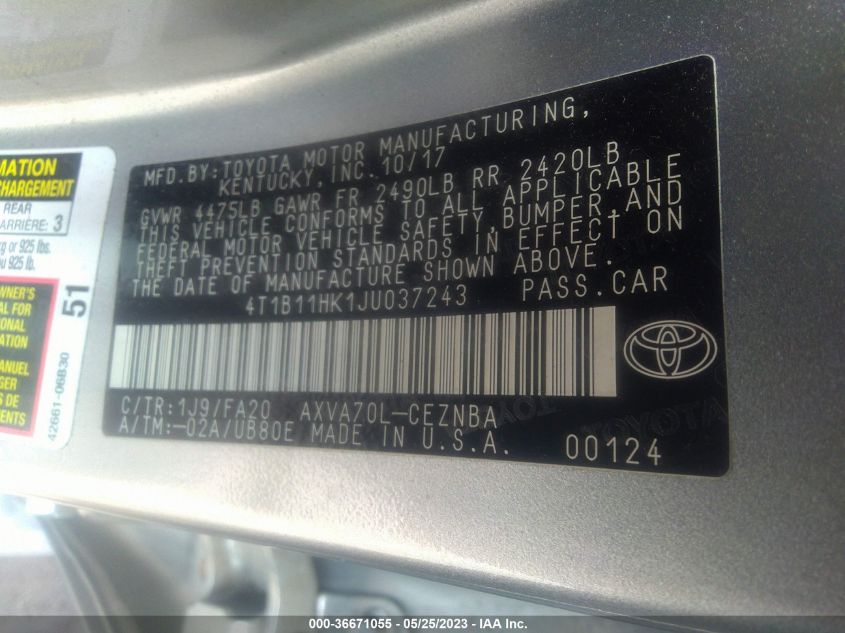 2018 TOYOTA CAMRY LE/SE/XLE/L - 4T1B11HK1JU037243