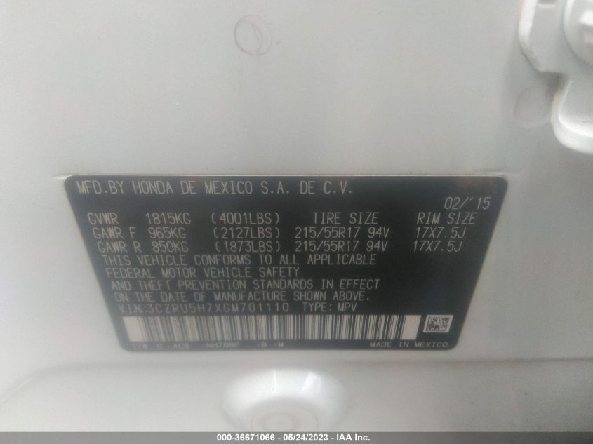 2016 HONDA HR-V EX-L W/NAVI - 3CZRU5H7XGM701110