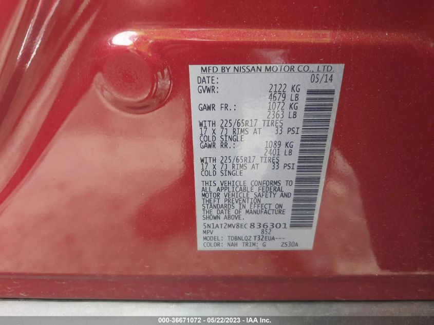 2014 NISSAN ROGUE SV - 5N1AT2MV8EC836301