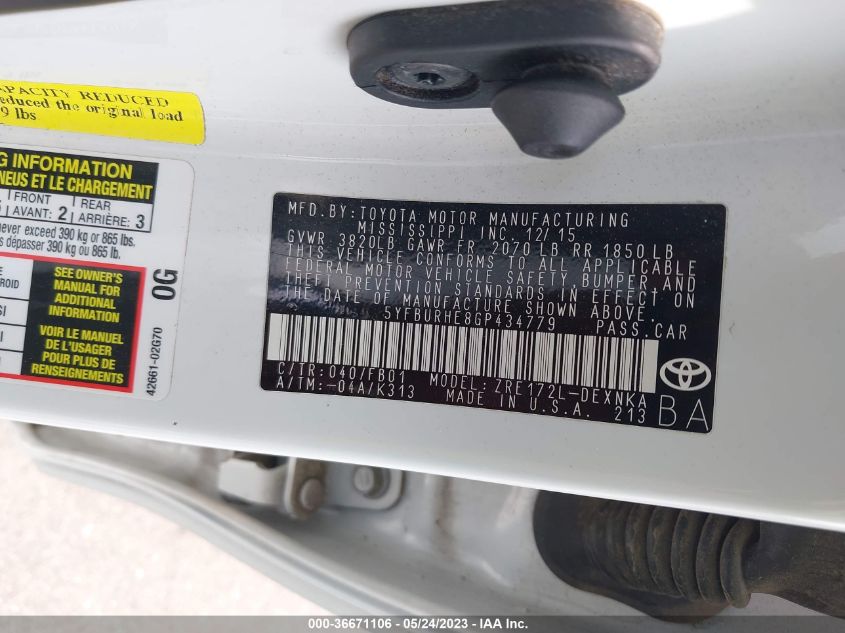 2016 TOYOTA COROLLA L/LE/S/S PLUS/LE PLUS - 5YFBURHE8GP434779