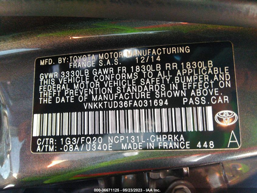 2015 TOYOTA YARIS L/SE/LE - VNKKTUD36FA031694