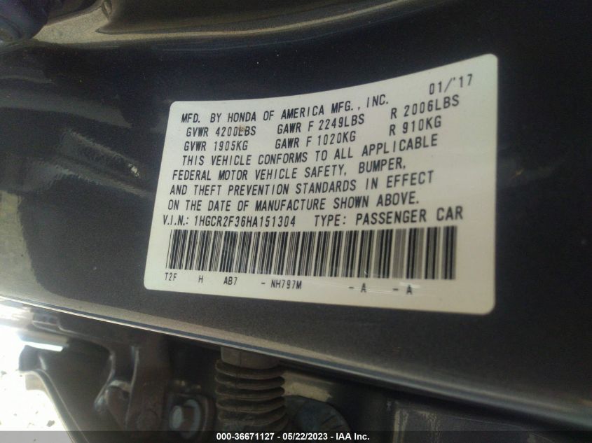 2017 HONDA ACCORD SEDAN LX - 1HGCR2F36HA151304