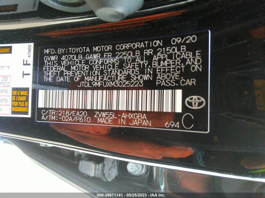 VIN JTDL9MFUXM3025223 2021 TOYOTA PRIUS LE/XLE